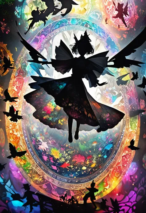 fusion of watercolors and oil paintings, fusion of paper cutting and shadow puppetry, mix of monochrome and color, fusion of merry-go-round kaleidoscope magic circle, puppet show made of black shadow puppets, colorful colors, shading effects, gradation mag...