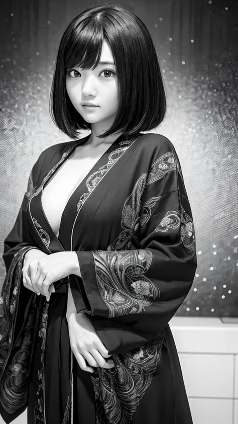 
### Prompt example:

Background with abstract black and white swirling design、Portrait of a beautiful Japanese girl。The beautiful girl has a beautiful face、Have short straight hair、Gives a neat and clean impression。The costume is a monotone robe.、Black an...