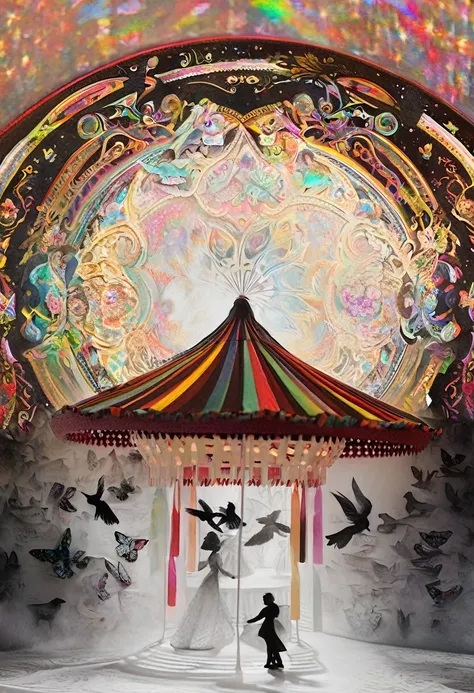 fusion of watercolors and oil paintings, fusion of paper cutting and shadow puppetry, mix of monochrome and color, fusion of merry-go-round kaleidoscope magic circle, puppet show made of black shadow puppets, colorful colors, shading effects, gradation mag...