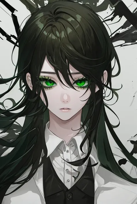 man, green eyes, long black eyelashes, black hair, White shirt, 