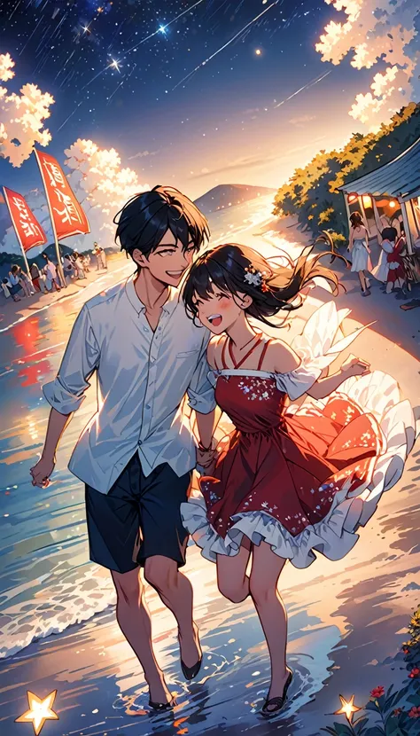 (Highest quality、Very detailed、Real:1.37)、humor、Seaside、night、Starry Sky、Manga style、Desaturate、Girls and boys、Fun couple、Laughter、Floating Love、