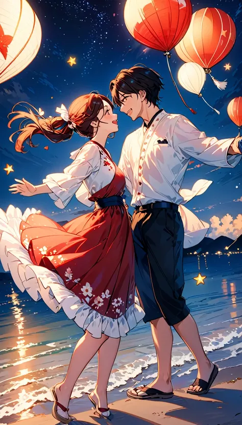 (Highest quality、Very detailed、Real:1.37)、humor、Seaside、night、Starry Sky、Manga style、Desaturate、Girls and boys、Fun couple、Laughter、Floating Love、