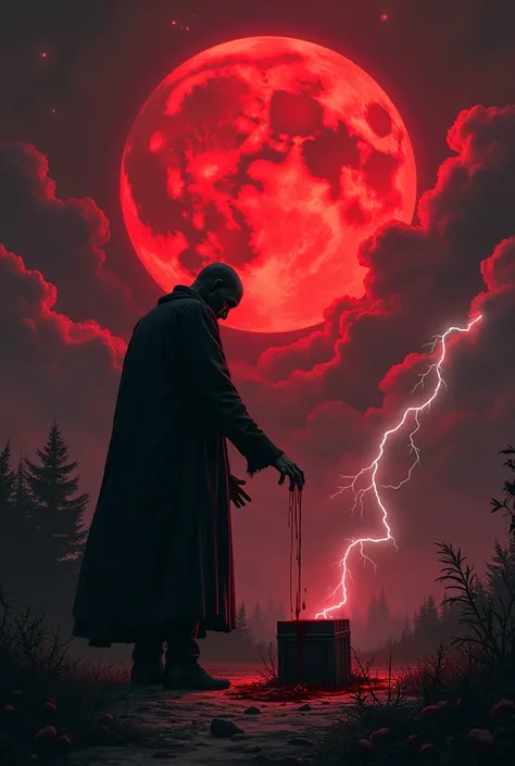 As he poured the blood, he look at the clock it was already 12:00am midnight, and the red moon was visible.Suddenly the clouds turned red while he was at the end of ritual, and the sky was filled with lightning. Suddenly, a thunderbolt struck the box. Star...