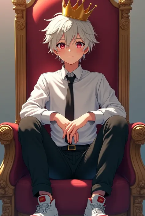 (photorealism:1.2) make a 1920x1080 anime boy wear whiteshirt,tie,blackpant,white and red snikers and crown and sit on throne

