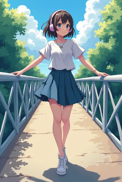 A beautiful anime,cute woman,with headphones,on bridge, daytime, beautiful scenery, joyful, happy, skirt and top, with white sneakers, looking another side,oil painting,long image fit in wallpaper HD,no blur face,no error,