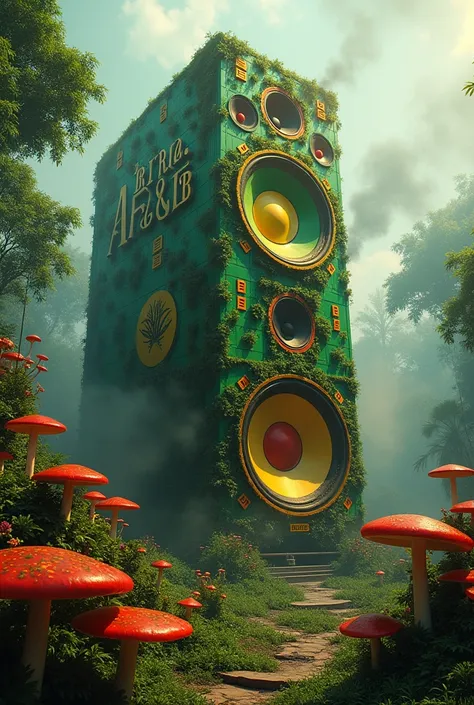 Giant speaker with several speakers colored in the colors of Jamaica, with smoke coming out with marijuana leaves written in large letters 
"Abraca.DUB" elf mushrooms flowers marijuana smoke 