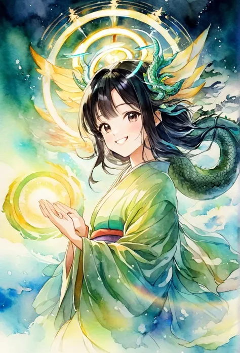 Dragon God Kannon Bodhisattva、Black Hair、smile、Shinto-Buddhist syncretism、Iridescent halo、Fantasy、digital watercolor painting