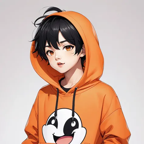 One cute little boy、anime、mascot、A plain orange hoodie、The background is simple white、Black Hair 、One hand is pointing、Lip syncing、Upper Body