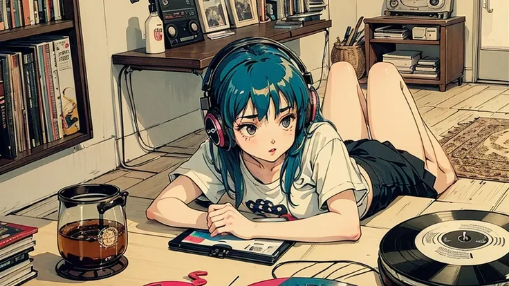 1 girl, 80s anime style, I have headphones on, coffee, Retro, Lo-Fi,A stylish room filled with records, Wearing a short-sleeved T-shirt、