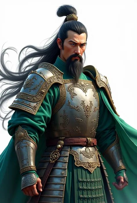 masterpiece，best quality，high resolution，8k，，((head close-up))，original photo，real photo，white background，digital photography，(한나라 전쟁터의 Guan Yu)，Guan Yu (한나라 Armor，Combination of silver metal and green fabric，openwork design，Armor，metallic lusters，Three Ki...