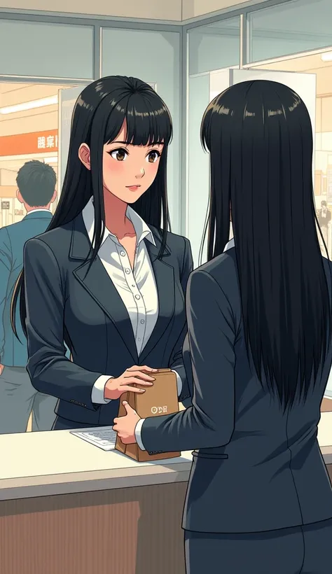 ((A woman with long hair))，In the mall，Shopping，Black straight hair，Ladies suits，((Cold expression))，Japanese comic style，Hand the bag to the female clerk at the counter