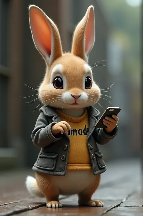 A rabbit wearing a jacket holding a phone has Chamoda written on the jacket