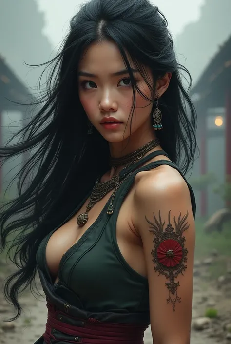 Woman, 22 year old aged, long black hair, black eyes, really beautiful, long lashes, strong body, warrior, a few scars in her arms, asian with pale skin 