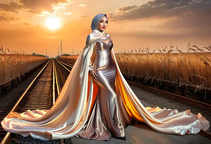 asian woman in glamorous evening dress, wear modern hijab, wear outer gown,  full-body encapsulation, entirety of fabric about 7...