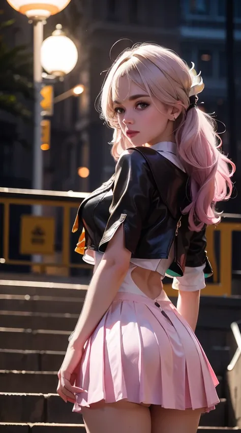 bangs, Hair Between Eyes, (pink Eyes: 1.5), Multicolored Hair, Hair Tie, Lipstick, Girls, kogal, Makeup, BREAK Skirt, Shirt, Jewelry, , clavicle, White shirt, Pleated skirt, Collared shirt, Mini skirt, Bracelet, black skirt, Naughty big、big full breasts、BR...