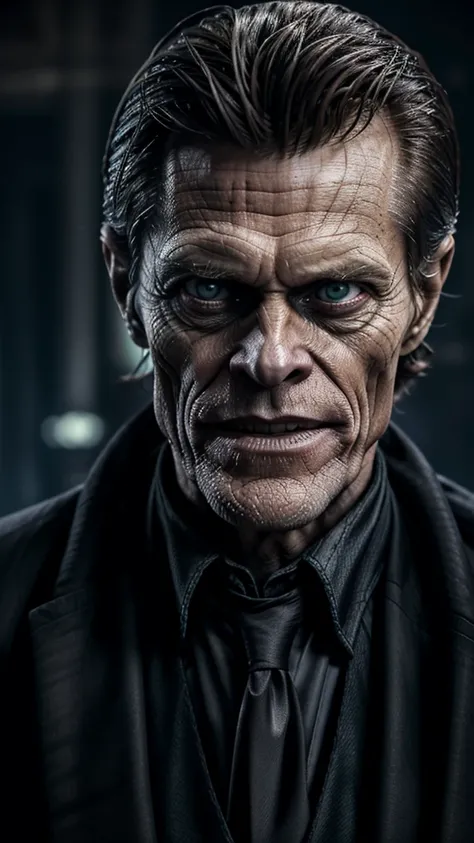 willem dafoe in plague knight, doing the bateman stare, willem dafoe as the joker, willem dafoe as scarecrow, hes very menacing and evil, willem dafoe as a sith lord, detailed 4k horror artwork, pulp character portrait, demon half human portrait, his eyes ...