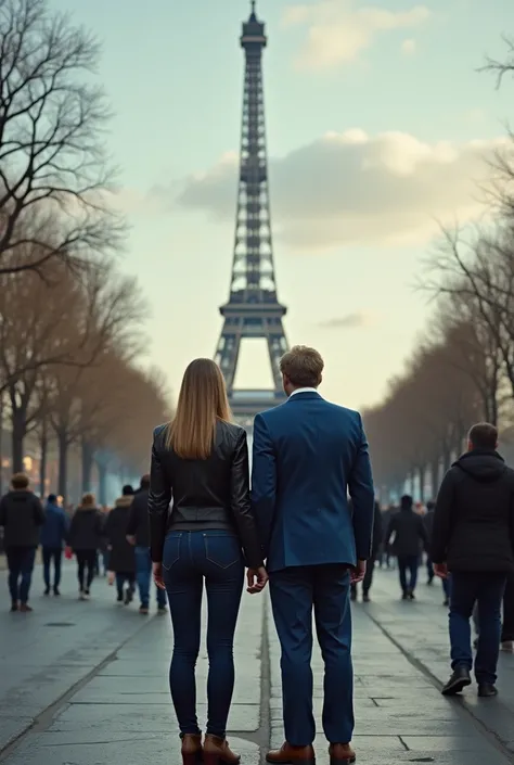 Front view, Full-body, couple is standing pose , on street , in Paris, looking Eiffel Tower, everyone nothing people,  2021 years ,(1 male and 1 female is exist), (1 male Englishman, 1 boy is 50 age old), ( blond hair, long hair, handsome face mask, panic ...