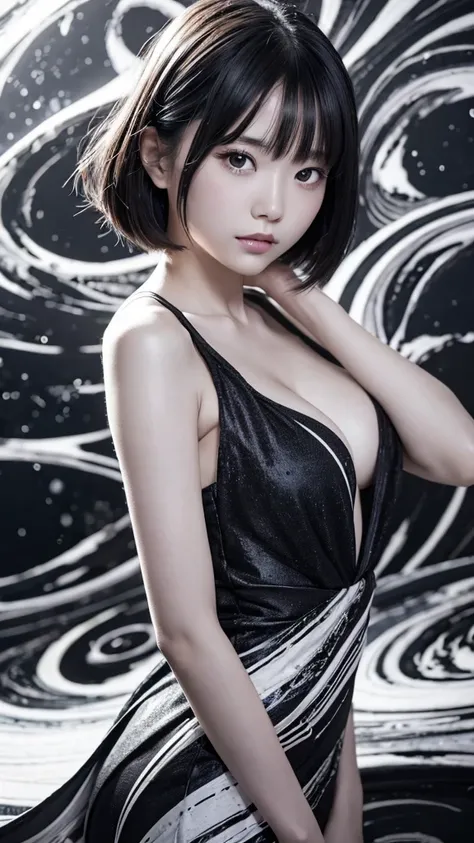 
### Prompt example:

Background with abstract black and white swirling design、Portrait of a beautiful Japanese girl。The beautiful girl has a beautiful face、Have short straight hair、Gives a neat and clean impression。The costume is a monotone robe.、Black an...