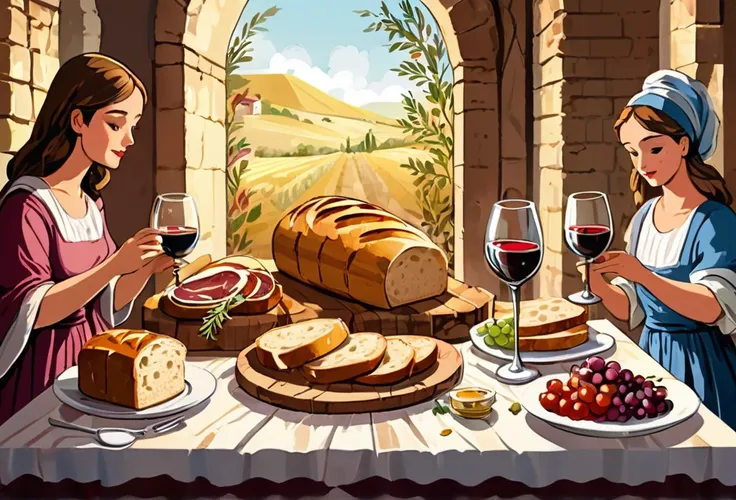  bible story, bread, meat and wine on the table. Dinner. 
 (masterpiece best quality:1.2) delicate illustration ultra-detailed, illustrations, bright, colourful, 