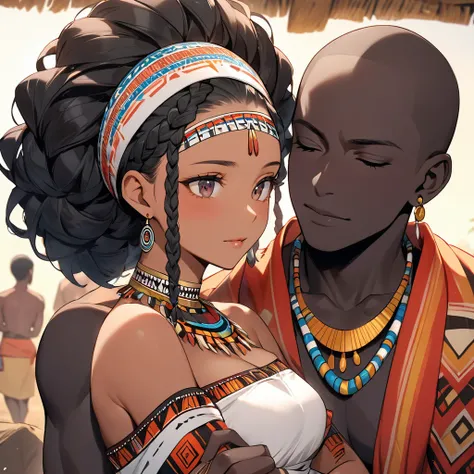 ((Highest quality)), ((masterpiece)), (detailed), （Perfect Face）、The woman is wearing a tribal wedding dress and is holding a man from the tribe close to him during the wedding ceremony.、The woman has bright black skin、（Ghana braids with strong curly hair ...