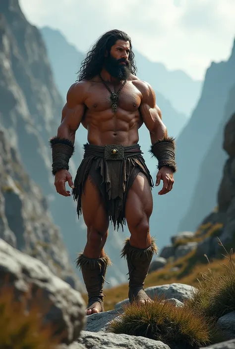 muscular barbarian, Naked upper body, legs uncovered from thighs to feet, long flowing curls, detailed muscular physique, huge bulge in crotch, Realistic representation, 4k resolution. bottom: Wild and untamed nature with rugged mountains,32k UHD, Best Qua...