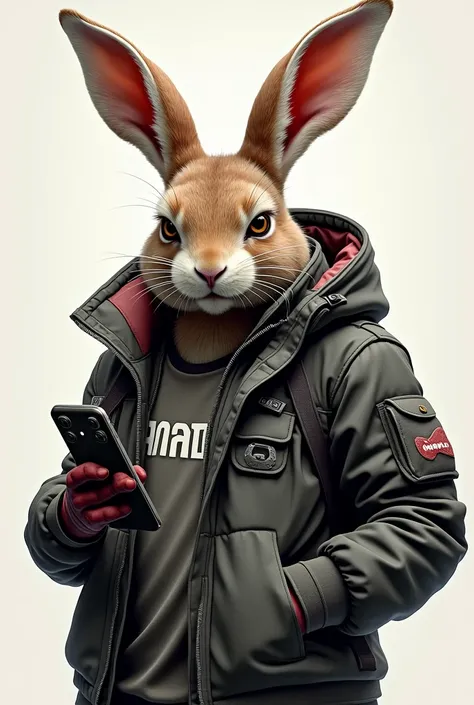 A fierce rabbit wearing a jacket with a phone in his hand has the name Chamoda written on the jacket