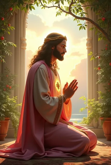 (photorealism:1.2), handsome Jesus Christ, praying kneel under the trees that full of clouds and sorrounded of many fruits, wearing pink king clothes with light in his head and heart spreading all over, perfect five finger, long curly hair, indoors, soft l...