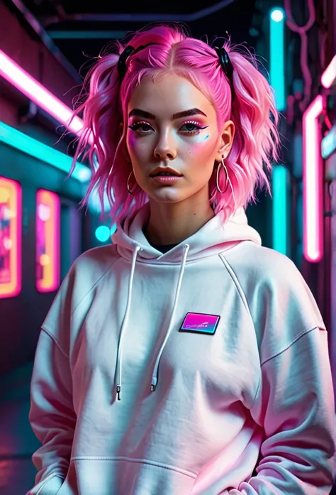 
arafed woman with pink hair wearing écouteurs and a white sweatshirt, pink écouteurs, éclairage pastel cinématographique, with écouteurs, girl wearing écouteurs, écouteurs, mélange hybride de style Beeple, synthwave pastel, style synthwave rose rétro, éco...