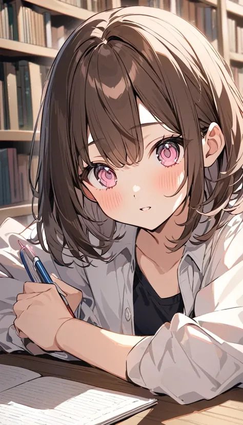 good looking, Alone, 1 female, Medium Hair, Brown Hair, Pink highlights on the tip,Pale pink eyes,Library Background,study,homework,homeworkが終わらなくて困っている