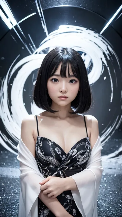 
### Prompt example:

Background with abstract black and white swirling design、Portrait of a beautiful Japanese girl。The beautiful girl has a beautiful face、Have short straight hair、Gives a neat and clean impression。The costume is a monotone robe.、Black an...