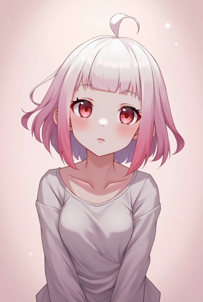 pink hair, white hair, big, light pink eyes, white skin, 2D Character