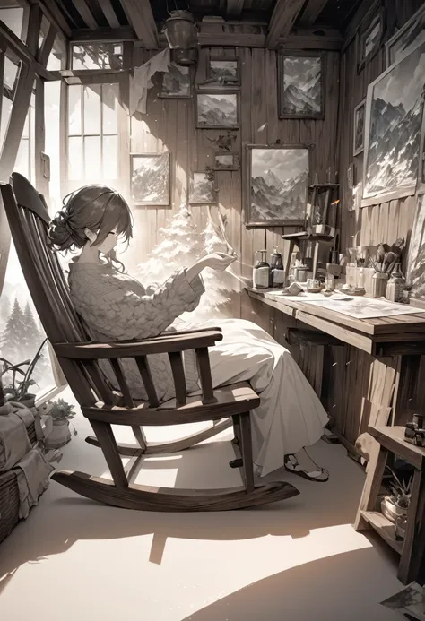 fusion of watercolors and oil paintings, fusion of paper cutting and shadow puppetry, mix of monochrome and sepia color, beautiful woman with messy rolled hair, dozing in rocking chair, loose baggy sweater, fluffy long skirt, mountain hut, shading effects,...