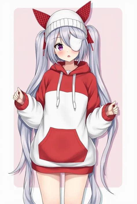 Girl, anime style, bullish, silver hair, red mesh, twin tails, white knit hat, purple right eye and left eye patch, red and white hoodie, big breasts, thigh thick, short white socks, red sneakers
