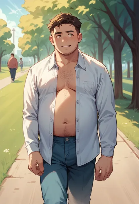 a fat man with dark brown hair wearing a light blue long sleeve buttoned shirt walking in the park, sunny day
