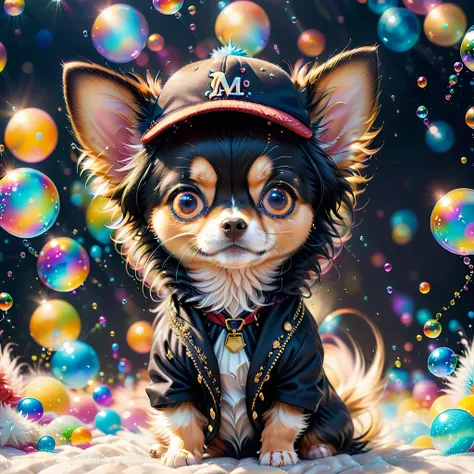 Highest quality、4K wallpaper、masterpiece、8k resolution，Long Coat Chihuahua，1:1匹のLong Coat Chihuahua，（ puppy，party color，fluffy fur，whole body，#cda16f，擬人化されたLong Coat Chihuahua）
Pop clothes，Baseball hats，），Super delicate eyes，Very fine particles、very delica...