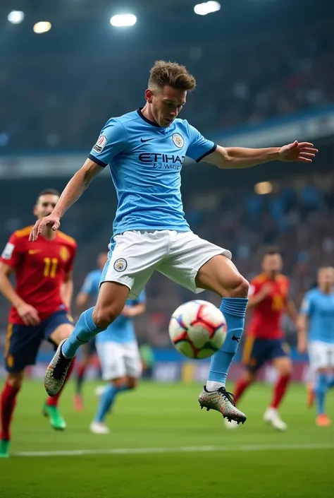 Earling Haaland scoring goal by rainbow kick in manchester city jersey against spain