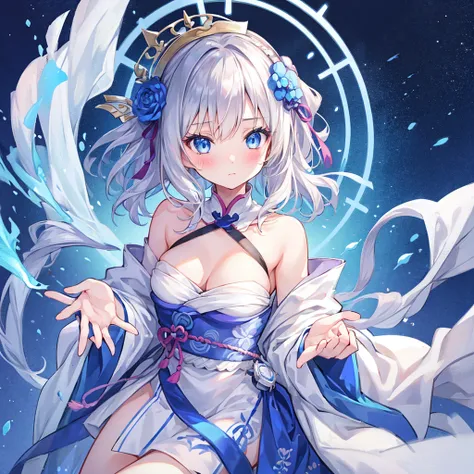 1girl , Silver medium hair, blue eyes, cute, blush, medium breasts⁩, Hanfu