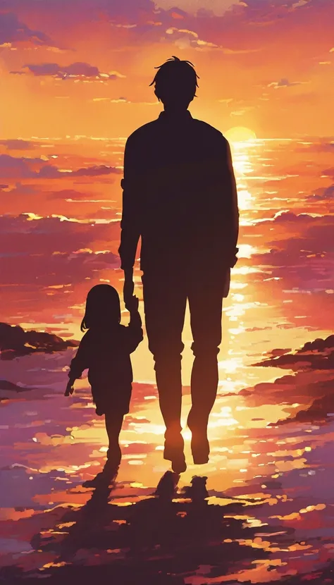 In the sunset、Back view of a child walking with his hand on his parent&#39;s shoulder