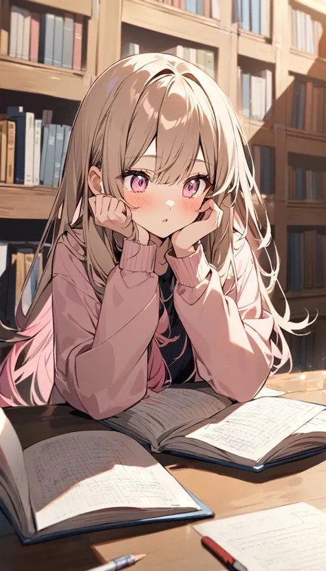 good looking, Alone, 1 female, Long Hair, Light brown hair, Pink highlights on the tip,Pale pink eyes,Library Background,study,homework,homeworkが終わらなくて困っている,shout