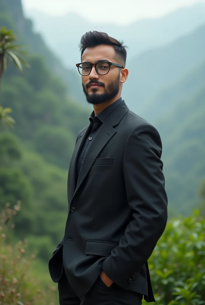 A smart young Islamic scholar is standing in the most beautiful spot in Bandarban, striking a very stylish pose. He has a well-groomed beard and short hair without a cap. He wears simple glasses.
like yasir qadhi