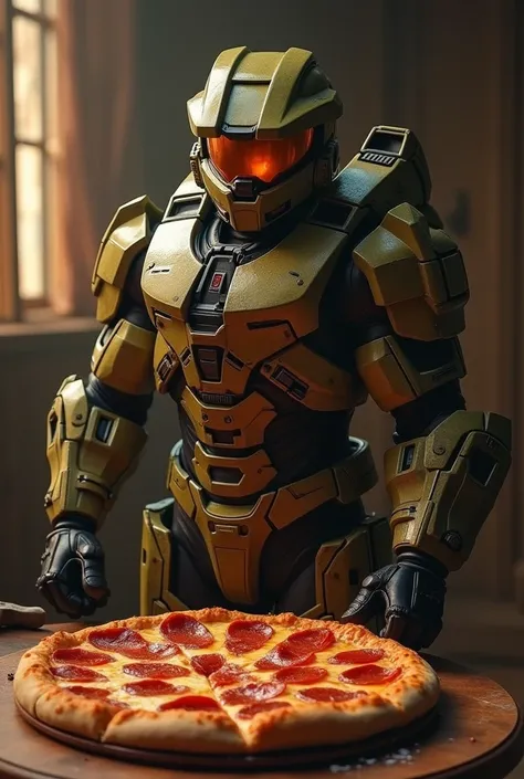 MasterChief John Spartan from Halo Naked, big penis, masturbandose, ejaculating on a pizza 