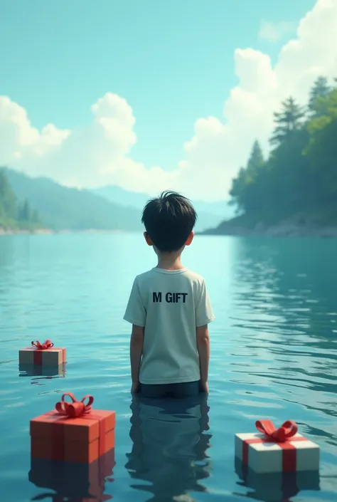 A boy stands alone in the ocean.  M GIFT will be written on the T-shirt.  And there will be gift boxes all around.  Behind will be a mysterious forest