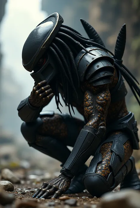 Predator，wearing black armor，Half squatting on the ground，One hand on the ground，Put it in front of your nose and smell it，Eyes looking into the distance
