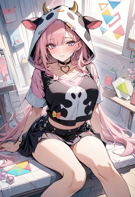 ,beautiful flower々）,Mole under the eye, Heart-shaped choker, (masterpiece, Highest quality), Official Art, beautifully、aesthetic: 1.2), (1 girl), Very detailed, (Geometry Art: 1.3), colorful、Pink Bob Hair、Cow hood cap shirt、mini skirt