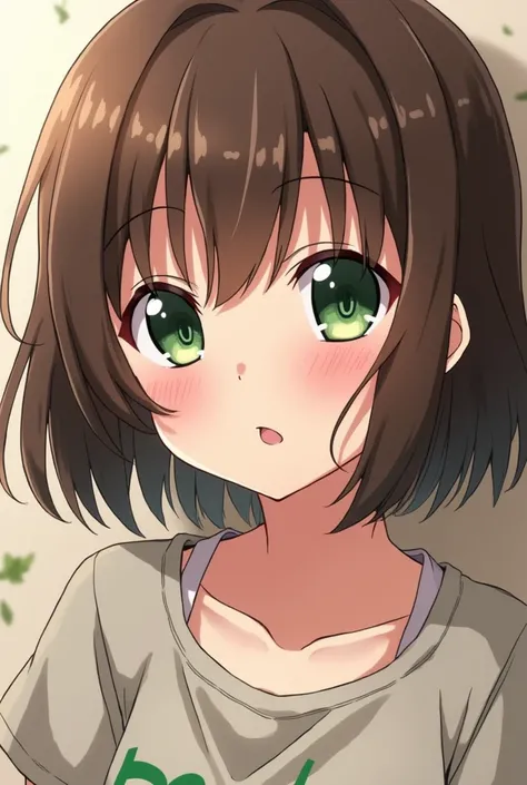 A short, long-haired, brown-haired woman with dark green eyes. Cute and vulgar anime