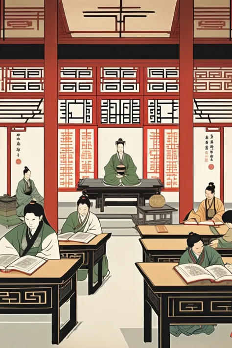 Design an image showcasing a serene classroom setting where students of diverse backgrounds study classical Chinese texts like the I Ching and Confucian classics. Include traditional Chinese decor and elements that convey cultural appreciation and intellec...