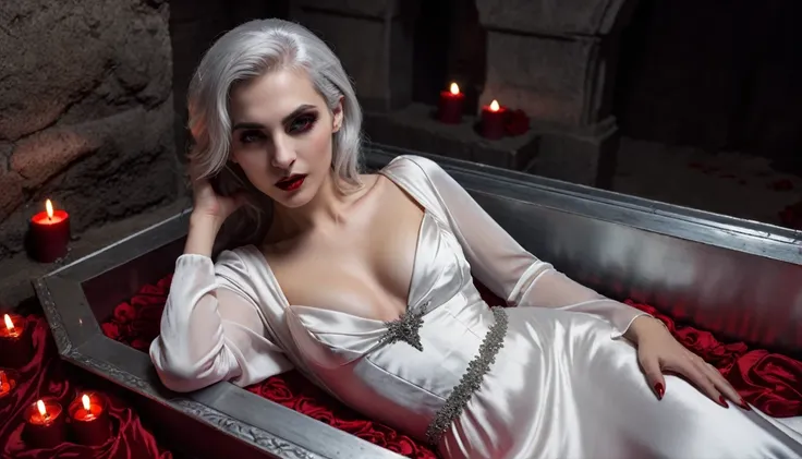 A female 30 years old Vampire, silver hair, vampire teeth, laying in a red silk lined coffin in a crypt, there re lit candles, she is wearing a low cut white silk dress with blood on it,