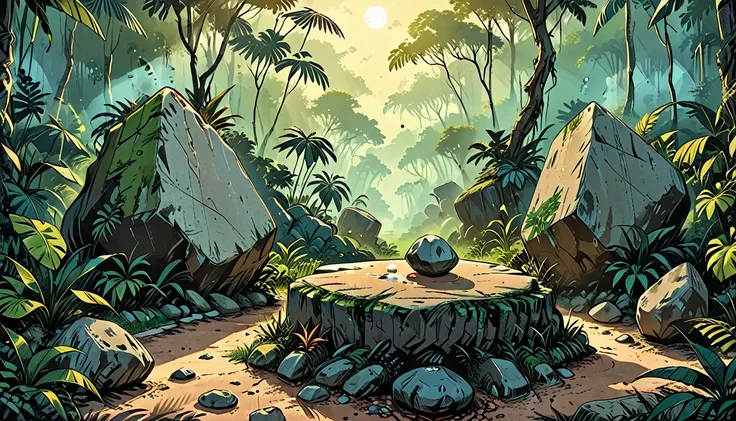 levitating stones close-up against the background of a tropical forest, stones in the air, graphic style of novel comics, 2d, 8k, hyperrealism, masterpiece, high resolution, best quality, ultra-detailed, super realistic, Hyperrealistic art, high-quality, u...