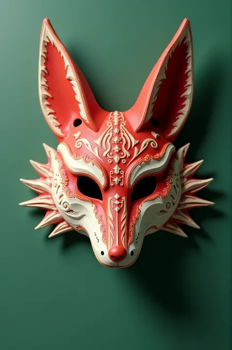 Red and white kitsune mask, wooden mask,Japanese mask,bacground greenscreen 