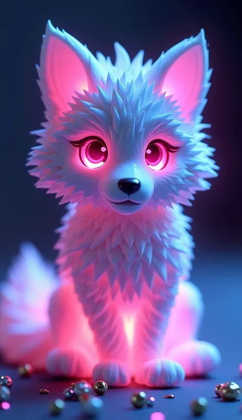 매혹적인 3D rendering은 빛나는 것을 보여줍니다., A very fluffy baby wolf sculpted entirely from crystal, glowing with vibrant neon colors. This low poly creature looks out of this world, Its big, Glowing low poly eyes that grab the viewer&#39;s attention. With a beautifu...